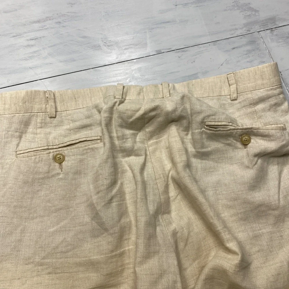 Dapper Classics Linen Trousers Mens 38 Beige Flat Front Cuffed Made in USA Pants